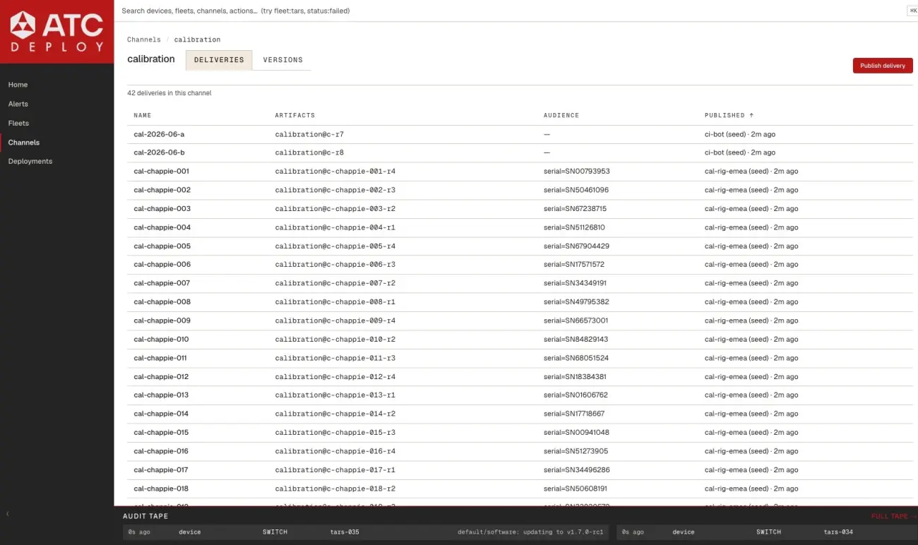 The ATC Deploy console listing calibration deliveries in a channel, each targeted at a single device serial number