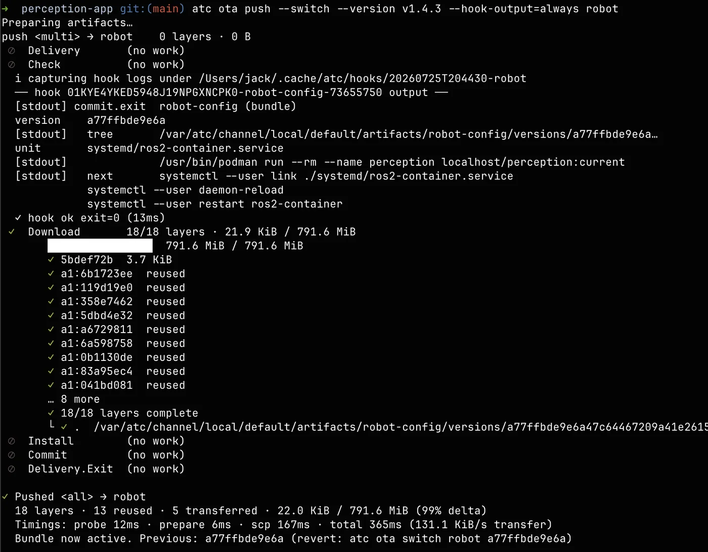 A terminal running atc ota push, showing delta resolution and transfer progress