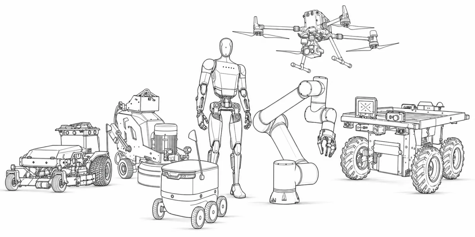 Lineup of field robots: agricultural rover, humanoid, delivery robot, robotic arm, drone, and flatbed UGV